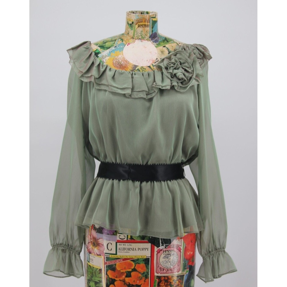 Vtg 90s Victor Costa Green Blouse Top Flower Rose M Phoebe Buffay Boho Fairy 599
